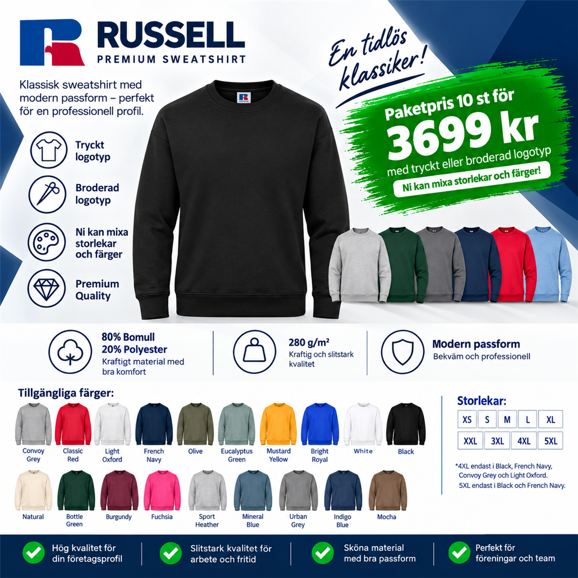 10 st Russell Premium sweatshirts med egen logotyp